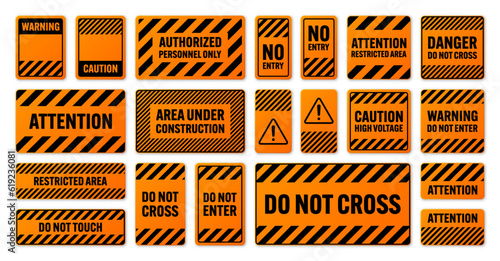 Various black and orange warning signs with diagonal lines. Attention, danger or caution sign, construction site signage. Realistic notice signboard, warning banner, road shield. Vector illustration