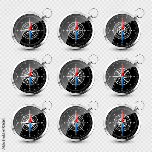Vintage compass, marine wind rose with cardinal directions of North, East, South, West. Realistic silver navigational compass, shiny metal. Cartography and navigation. Vector illustration.