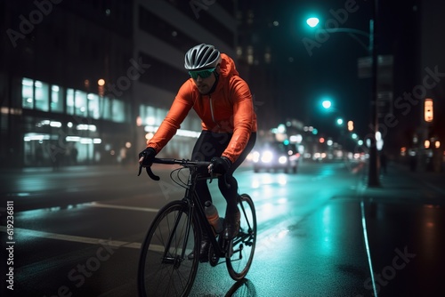 Cyclist riding a bike on night city streets