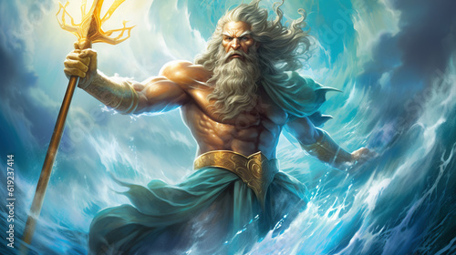 A beautiful image of Poseidon, the god of the seas. Olympian God. Greek god. Mythology. Image managed by AI photo
