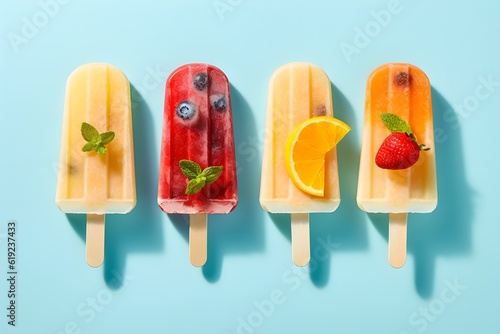 four ice creams on a sticks with fruits