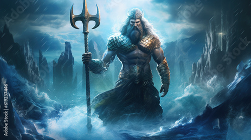 A beautiful image of Poseidon, the god of the seas. Olympian God. Greek god. Mythology. Image managed by AI photo