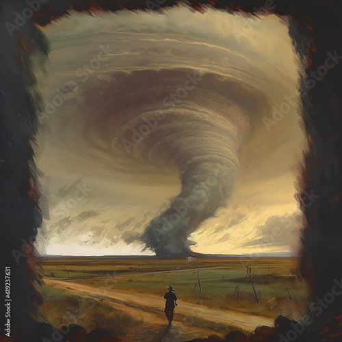Man stands against backdrop of powerful tornado. Will power concept. AI generation.. photo