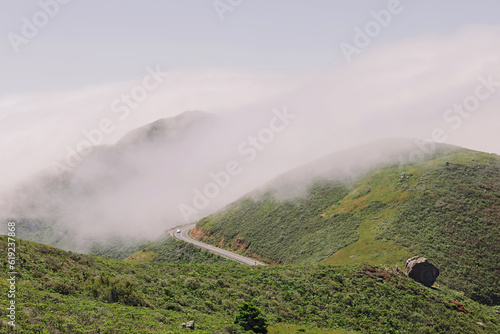 Road throught green hills with coastal fog © Diana Vyshniakova