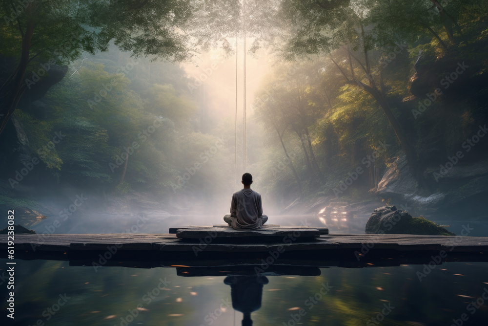 man sitting in a forest at sunrise, meditating. tranquility and harmony with nature. man sitting in a forest at sunrise, meditating. tranquility and harmony with nature.