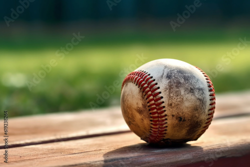 ball and mitt laying on a dirt field. possibly for baseball or softball, typical shape used for hand protection during gameplay