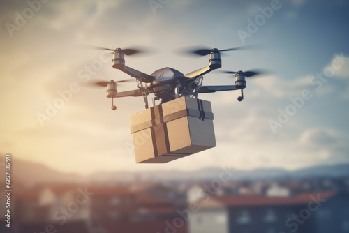 drone with packages flying over a building, carrying a box with a delivery