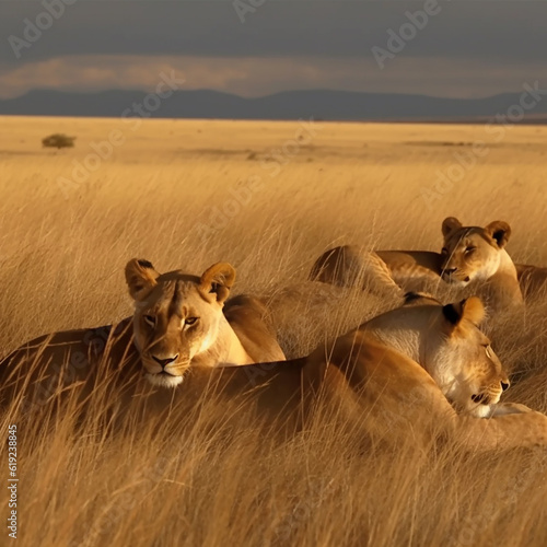 Family of sleeping lions in savannah. Lion pride is resting..