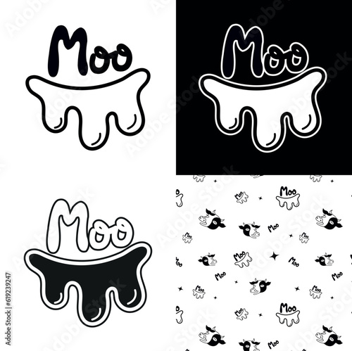 Logo for fresh farm milk. Udder of a cow and the inscription Moo. Pattern with a cow, a logo, an udder, a star and with the inscription Moo