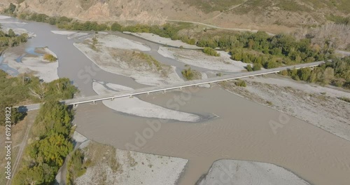 Aerial: Bridge crossing The Hurunui River. Canterbury, New Zealand photo