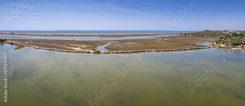 Aerial Seascape and Coastline view of Ria Formosa wetlands natural park and atlantic ocean beach in Quinta do Lago beach, Almancil, Algarve, Portugal.
