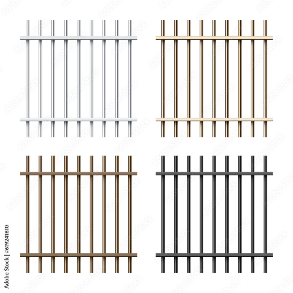 Realistic shiny metal prison bars isolated on white background. Detailed jail cage, prison iron fence. Criminal background mockup. Vector illustration Realistic shiny metal prison bars isolated on white background. Detailed jail cage, prison iron fence. Criminal background mockup. Vector illustration