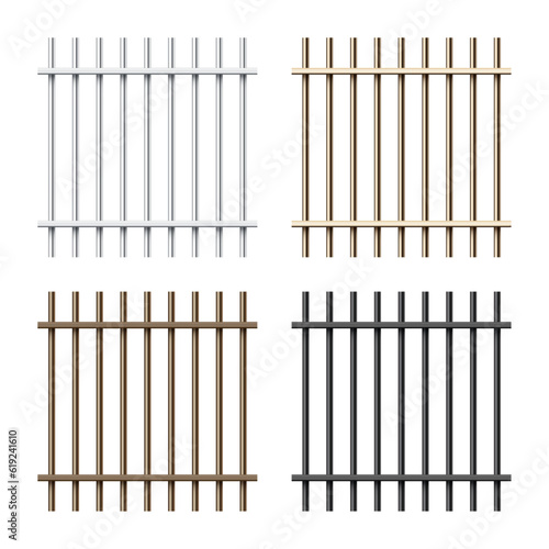 Realistic shiny metal prison bars isolated on white background. Detailed jail cage, prison iron fence. Criminal background mockup. Vector illustration