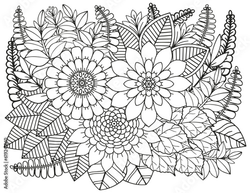 Coloring page for adults and children. Vector flower carpet.