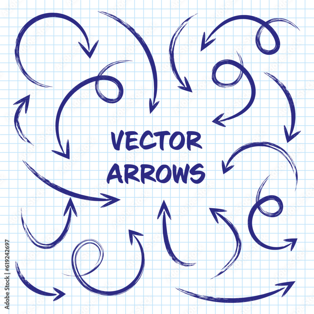 Grunge hand drawn arrows on checkered paper sheet. School notebook for drawing. Doodle arrow icon, simple monochrome pointer silhouettes. Outline, line art. Vector illustration Grunge hand drawn arrows on checkered paper sheet. School notebook for drawing. Doodle arrow icon, simple monochrome pointer silhouettes. Outline, line art. Vector illustration
