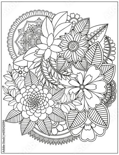 Coloring page for adults and children. Vector flower carpet.