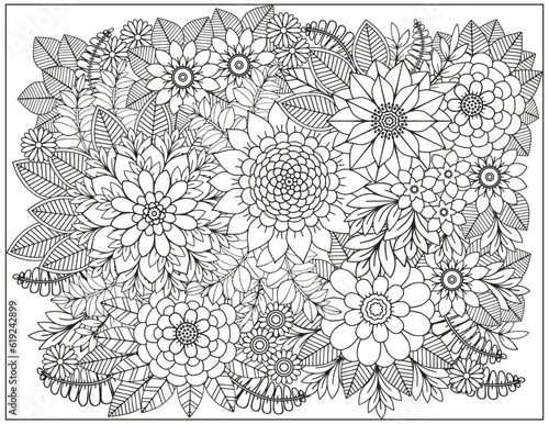 Coloring page for adults and children. Vector flower carpet.
