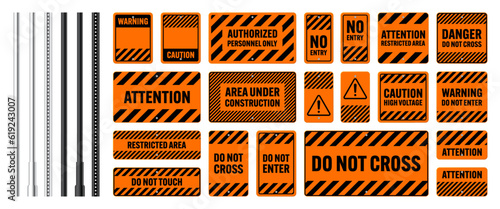 Warning, danger signs, attention banners with metal poles. Orange caution sign, construction site signage. Notice signboard, warning banner, road shield. Vector illustration