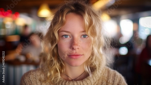 adult woman with long hair in the morning, at the hotel in the hotel, having breakfast, blonde, knitted sweater, busy, casual, caucasian 20s, 30s, tourists and tourism, fictional location