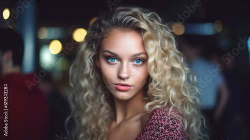 adult woman with long curly hair, blond, summer shirt, nightlife, crowd busy, casual, caucasian 20s, 30s, tourists or bar, fictional location © wetzkaz