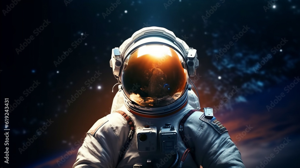 adult man is astronaut, wears an astronaut suit, astronaut helmet, in space