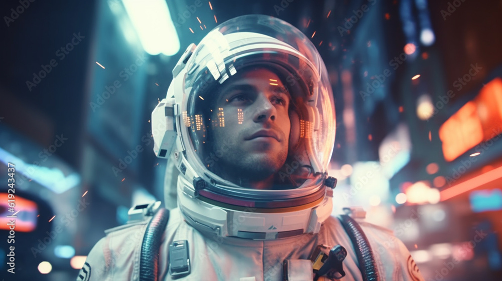 adult man has to wear a space suit, astronaut suit, in a city with tall buildings and advertisements, fictitious adult man has to wear a space suit, astronaut suit, in a city with tall buildings and advertisements, fictitious