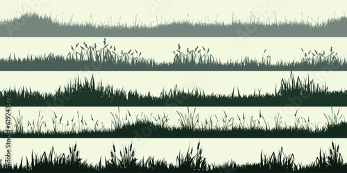 Meadow silhouettes with grass, plants on plain. Panoramic summer lawn landscape with herbs, various weeds. Herbal border, frame element. Green horizontal banners. Vector illustration
