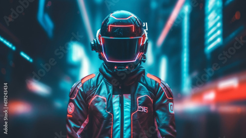 futuristic, slim man with helmet and lights, suit, astronaut or motorcyclist, in a city or virtual reality, astronaut or science fiction © wetzkaz