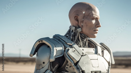 transhumanism cyborg humanoid android robot with artificial intelilgence, desert landscape, fictional © wetzkaz