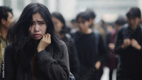 dissatisfied and unhappy  young adult asian woman in a city with many people around  sad  fictional place and happening