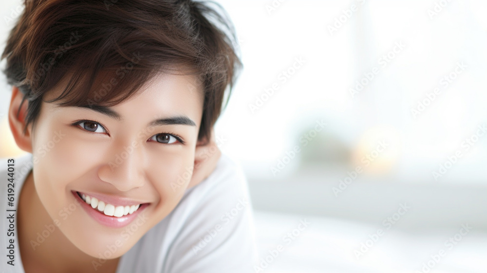 adult woman smile, happy, on bed at home, white shirt, white bed sheets adult woman smile, happy, on bed at home, white shirt, white bed sheets