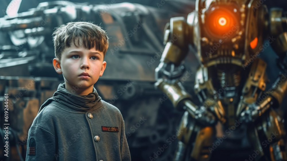 child kid boy and robot AI, fictional