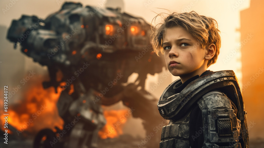 war against machines, teenager boy, in the background a destroyed machine robot with AI artificial intelligence, fire explosion war against machines, teenager boy, in the background a destroyed machine robot with AI artificial intelligence, fire explosion