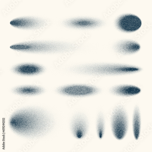 Stipple shadows set, vintage dotted design elements. Fading gradient. Stippling, dotwork drawing, shading using dots. Halftone disintegration effect. White noise grainy texture. Vector illustration