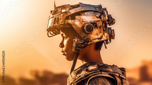 toddler kid boy thoughtful or lonely is soldier with technological helmet or virtual reality with visor as helmet, fictional