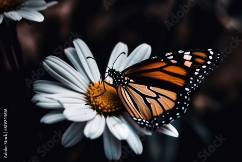 colorful butterfly perched on a delicate white flower. Generative AI