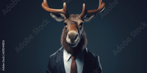 Anthropomorphic business Moose with elegant suit, color background, A dapper animal in a business suit. AI Generated