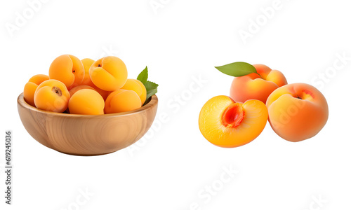 Apricots and wooden bowl isolated on white transparent png