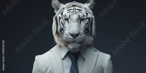 Anthropomorphic business White Bengal tiger with elegant suit  color background  A dapper animal in a business suit. AI Generated