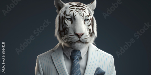 Anthropomorphic business White Bengal tiger with elegant suit, color background, A dapper animal in a business suit. AI Generated © Lemart