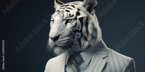 Anthropomorphic business White Bengal tiger with elegant suit, color background, A dapper animal in a business suit. AI Generated