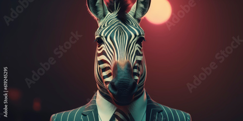 Anthropomorphic business Zebra with elegant suit  color background  A dapper animal in a business suit. AI Generated