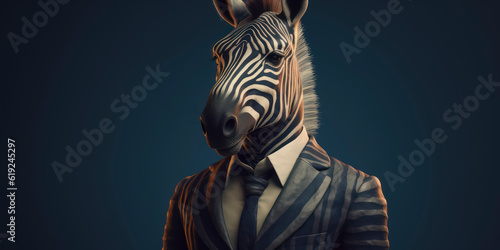 Anthropomorphic business Zebra with elegant suit  color background  A dapper animal in a business suit. AI Generated