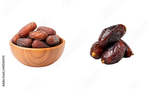Dates and wooden bowl isolated on white transparent png