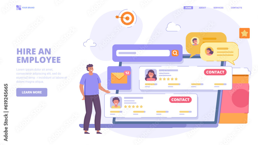 Recruitment, search employees online, hiring process, human resource management. Flat design concept with characters for landing page. Vector illustration for website, landing page, banner. Recruitment, search employees online, hiring process, human resource management. Flat design concept with characters for landing page. Vector illustration for website, landing page, banner.