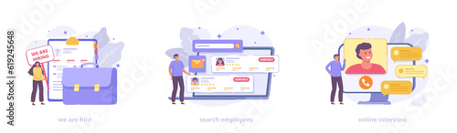 We are hire, search employees, online interview, cv, resume. Vector icon collection with characters for landing page. Flat vector illustration set for website, banner, print.