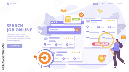 Job search, search vacancy. Head Hunting in social network. Employees looking for job. Vector design concept with characters for landing page. Flat vector illustration for website, banner, print.