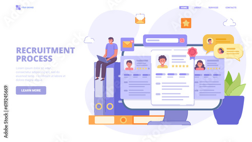 Recruitment, search employees online, hiring process, human resource management. Flat design concept with characters for landing page. Vector illustration for website, landing page, banner.