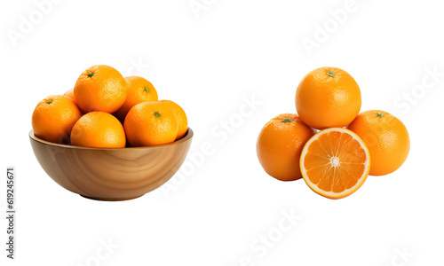 Oranges and wooden bowl isolated on white transparent png