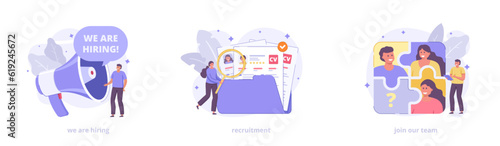 We are hiring, recruitment process, join our team, cv, resume. Vector icon collection with characters for landing page. Flat vector illustration set for website, banner, print.